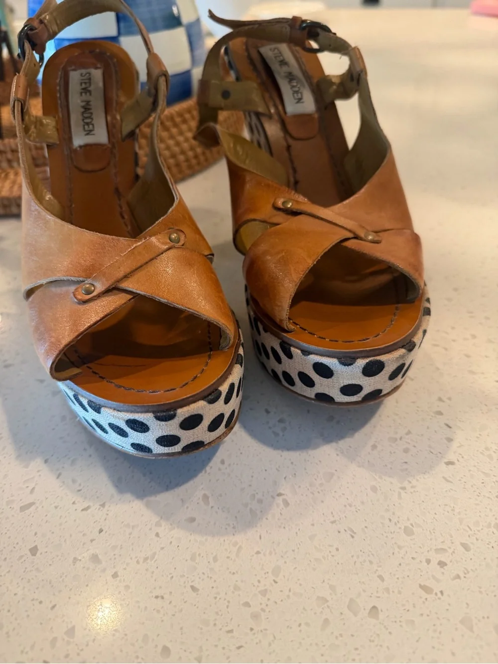 Steve Madden Women’s Leather Polka Dot Platform Heels 8 Y2K Boho Chunky 90s